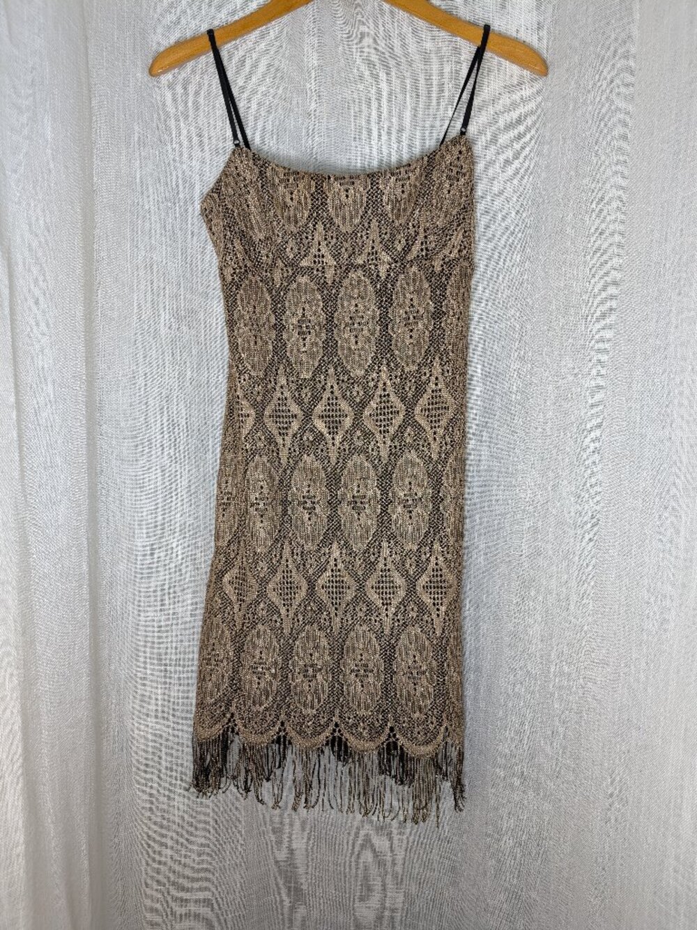 Vintage Roaring 20's Gold Midi Dress Fringe Empire Waist Size M